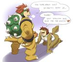  &lt;3 2015 anthro bottomless bowser brown_hair clothed clothing collar dialogue digital_media_(artwork) english_text erection fellatio gradient_background hair horn koopa male male/male mammal mario_bros masturbation nintendo nude open_mouth oral penis red_hair scalie sex simple_background spikes standing text toomanyboners unknown_species video_games white_shirt wrist_cuff 
