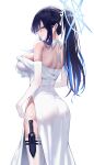  1girl absurdres ass black_hair blue_archive blue_hair blue_halo breasts colored_inner_hair cowboy_shot earrings elbow_gloves gloves halo highres jewelry kyky_(-kyky) large_breasts multicolored_hair official_alternate_costume saori_(blue_archive) saori_(dress)_(blue_archive) simple_background solo thighhighs white_background white_gloves white_thighhighs 