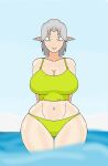 absurd_res animal_humanoid anuvisur_(artist) beach big_breasts bikini blush breasts clothed clothing detailed_background digital_media_(artwork) elf female grey_hair hair hi_res humanoid humanoid_pointy_ears looking_at_viewer mammal mammal_humanoid not_furry outside sky smile solo swimwear thick_thighs topwear water