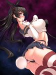  anal anal_object_insertion anal_tail bare_shoulders black_hair breasts butt_plug cosplay covered_nipples earrings fake_tail highres isokaze_(kantai_collection) jewelry kantai_collection large_breasts long_hair midriff navel object_insertion partially_visible_vulva red_legwear shimakaze_(kantai_collection) shimakaze_(kantai_collection)_(cosplay) skirt solo striped striped_legwear sweat tail thighhighs thong torisan white_legwear 