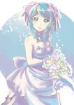  absurdres alternate_costume alternate_hairstyle bare_shoulders blue_eyes blue_hair bouquet breasts closed_mouth dress drill_hair expressionless flower hair_ornament highres kantai_collection medium_breasts misacho_(misa1001) solo twin_drills urakaze_(kantai_collection) wedding_dress 