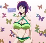  1girl bikini black_eyes breasts cleavage fairy_tail greengiant2012 huge_breasts kinana_(fairy_tail) looking_at_viewer navel one_eye_closed purple_hair smile solo standing swimsuit 