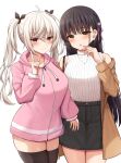  2girls :o ahoge akizuki_kanna alternate_costume arm_at_side bare_shoulders black_bow black_hair black_skirt black_thighhighs blush bow breasts brown_coat cafe_stella_to_shinigami_no_chou casual closed_mouth coat commentary cowboy_shot crossed_bangs earrings eyelashes eyes_visible_through_hair flower hair_between_eyes hair_bow hair_flower hair_ornament hair_ribbon hairclip hand_up high-waist_skirt highres hood hood_down hoodie index_finger_raised jewelry jitome large_breasts long_sleeves looking_at_viewer miniskirt mole mole_under_eye multiple_girls off_shoulder open_clothes open_coat open_mouth pink_hoodie purple_eyes purple_ribbon ribbed_shirt ribbon rose ryakusun shiki_natsume shirt side-by-side side_ponytail sidelocks simple_background skindentation skirt sleeveless sleeveless_shirt smile standing straight_hair stud_earrings thighhighs tsurime wavy_hair white_background white_flower white_hair white_rose white_shirt yellow_eyes zettai_ryouiki 