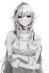  1girl alternate_costume bra_strap breasts choker closed_mouth crossed_arms earrings english_commentary gloves greyscale hair_between_eyes highres hololive hololive_indonesia jewelry kaela_kovalskia large_breasts long_hair looking_at_viewer monochrome off-shoulder_shirt off_shoulder partially_colored red_eyes schitzo17 shirt sidelocks single_glove solo upper_body very_long_hair virtual_youtuber white_background 