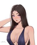  1girl absurdres artist_name black_hair blush breasts cleavage dress facial_mark forehead_tattoo highres instagram_username kai&#039;sa league_of_legends long_hair looking_at_viewer purple_eyes shio_aw signature simple_background solo white_background 