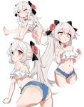  1girl absurdres ass back bare_shoulders barefoot blush brown_eyes clenched_hands grey_background grey_hair highres long_hair looking_at_viewer multiple_views navel ocha_(popopogg) original pointy_ears short_shorts shorts simple_background strapless tube_top twintails 