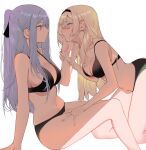 2girls absurdres ak-12_(girls&#039;_frontline) an-94_(girls&#039;_frontline) anvil black_bra black_panties blonde_hair blue_eyes blush bra breasts closed_mouth eye_contact girls&#039;_frontline grey_hair hair_ribbon half_updo hand_on_another&#039;s_face hand_on_another&#039;s_thigh highres holding_another&#039;s_wrist large_breasts long_hair looking_at_another medium_breasts multiple_girls panties pink_eyes ribbon simple_background sitting talnory underwear underwear_only white_background yuri 