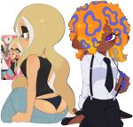  2girls ass bibi_(splatoon) black_necktie black_panties black_pants black_shirt blue_pants blush brown_hair cephalopod_eyes collared_shirt dark-skinned_female dark_skin domino_mask from_behind glasses green_eyes hair_over_one_eye highres inkling kiirono long_sleeves looking_back mask multicolored_hair multiple_girls necktie octoling orange_hair panties pants profile purple_hair shirt sleeveless sleeveless_shirt splatoon_(series) splatoon_2 splatoon_3 suspenders_pull tao_blu_(splatoon) tentacle_hair underwear white_shirt 