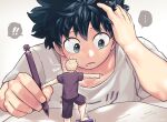  ! !! .... 2boys bakugou_katsuki black_hair boku_no_hero_academia book eraser green_eyes green_hair highres holding holding_pen male_focus midoriya_izuku multiple_boys open_mouth pen shirt short_hair white_shirt yazaki_(yazakc) 