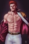  1boy abs absurdres bara bare_pectorals benjamin_(ivbenjaminart) blue_eyes brown_hair cowboy_shot epaulettes facial_hair fate/grand_order fate_(series) goatee highres large_pectorals long_sideburns long_sleeves looking_at_viewer male_focus mature_male muscular muscular_male napoleon_bonaparte_(fate) navel nipples open_clothes pectorals scar short_hair sideburns simple_background smile solo standing stomach thick_eyebrows thick_thighs thighs undressing 
