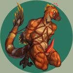 angry anthro bandit_(beakiehelmet) bdsm big_penis blush bondage bound by_(disambiguation) character danelaxy_(artist) dinosaur dromaeosaurid feathered_dinosaur feathers feet genitals hi_res invalid_tag kneeling looking_at_viewer male muscular muscular_male orange_body orange_feathers penis reptile rope scalie solo talons theropod toes