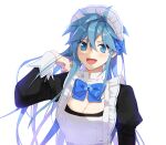  1girl :d apron black_dress blue_bow blue_bowtie blue_eyes blue_hair blush bow bowtie breasts cleavage cleavage_cutout clothing_cutout dress fang gg_dal hand_up juliet_sleeves long_hair long_sleeves looking_at_viewer maid maid_apron maid_headdress original puffy_sleeves ringed_eyes simple_background smile solo tomboy upper_body white_apron white_background 