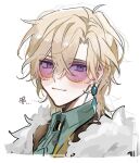  1boy aqua_shirt aventurine_(honkai:_star_rail) blonde_hair collared_shirt earrings fur_trim glasses hair_between_eyes highres honkai:_star_rail honkai_(series) jewelry light_blush male_focus oryunbunkosu portrait shirt short_hair simple_background solo white_background 