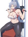  1girl abs absurdres aqua_eyes bench_press black_pants breasts breath breathing cleavage commission frenchvanillu girls&#039;_frontline grey_hair highres mg5_(girls&#039;_frontline) muscular muscular_female navel open_mouth pants second-party_source sitting solo sports_bra sweat teeth tight_clothes tight_pants weight_machine white_background yoga_pants 