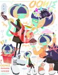  ... 2girls aachin_(splatoon) absurdres black_dress boots character_name colored_skin dress food green_skin guitar highres holding holding_guitar holding_instrument ice_cream instrument kitamura_(splatoon) multiple_girls necktie pink_ribbon pinkclawzz ribbon splatoon_(series) splatoon_2 spoken_ellipsis suction_cups tentacle_hair white_footwear 