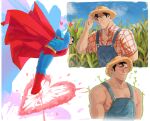  1boy absurdres bara black_hair blue_bodysuit blue_eyes blush bodysuit cape clark_kent closed_eyes cloud collared_shirt day dc_comics farmer haljordanmylove hat heart highres large_pectorals male_focus muscular muscular_male nipples outdoors overalls pectorals plaid plaid_shirt red_cape red_shirt shirt short_hair sky smile straw_hat superhero superman superman_(series) 