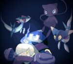  blue_eyes closed_mouth colored_skin dreepy fire fireblast floating golett highres light litwick mew_(pokemon) no_humans pink_skin pokemon pokemon_(creature) purple_fire smile tail white_skin yellow_eyes 