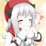 ^_^ blush closed_eyes dumpling eating food hat heart horns john_koubou kantai_collection mittens northern_ocean_hime pale_skin red_hat red_scarf scarf shinkaisei-kan silver_hair solo upper_body 