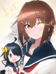  2girls ahoge black_hair blue_sailor_collar blush bow brown_eyes brown_hair chibi chibi_inset collared_shirt commentary dated double_v furutaka_(kancolle) glowing glowing_eye green_eyes hair_between_eyes hair_bow hair_ornament hair_over_one_eye hair_ribbon hairclip heterochromia highres kako_(kancolle) kantai_collection looking_at_viewer ma_rukan multiple_girls neckerchief red_neckerchief ribbon rigging sailor_collar shirt short_hair signature simple_background smile solo_focus symbol-only_commentary upper_body v white_shirt yellow_background yellow_bow yellow_eyes yellow_ribbon 