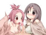  1boy 2girls bangs_pinned_back bare_shoulders blush bmp-to-png_conversion breasts brown_eyes brown_feathers brown_hair brown_wings censored cleavage feathered_wings feathers fellatio harpy licking licking_penis long_hair looking_at_penis medium_breasts mon-musu_quest! monster_girl mosaic_censoring multiple_girls non-web_source open_mouth oral penis pii_(mon-musu_quest!) pina_(mon-musu_quest!) pov precum red_hair siblings sisters small_breasts transparent_background winged_arms wings 