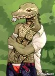  2017 alligator anthro clothing condom crocodilian digital_media_(artwork) iron_artist male reptile scalie simple_background siriuswolfus smile solo 
