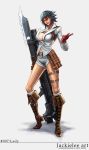  1girl bazooka black_hair boots breasts cleavage commentary cross-laced_footwear devil_may_cry devil_may_cry_4 eyewear_on_head full_body gloves gun gunblade handgun heterochromia high_heel_boots high_heels highres huge_weapon jewelry knee_boots lace-up_boots lady_(devil_may_cry) large_breasts lips navel no_bra pendant pottsu pouch red_eyes short_hair short_shorts shorts smile solo standing sunglasses thigh_strap weapon 