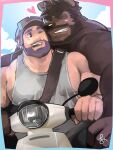  &gt;:) 2boys animal_ears ashikakoshika bara bear_boy bear_ears beard blue_background brown_fur connected_beard couple facial_hair full_beard furry furry_male furry_with_non-furry goggles goggles_on_headwear grey_tank_top grin heart highres interspecies large_pectorals male_focus mature_male multiple_boys multiple_riders muscular muscular_male mustache on_motorcycle one_eye_closed original pectorals pink_background short_hair sidepec smile tank_top thick_eyebrows two-tone_background upper_body v-shaped_eyebrows yaoi 