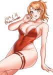  absurdres aquila_(kancolle) blush breasts brown_eyes dated hair_ornament hairclip high_ponytail highres kantai_collection katou_shinobu large_breasts long_hair medium_breasts one-piece_swimsuit open_mouth orange_hair red_one-piece_swimsuit smile swimsuit twitter_username wavy_hair 