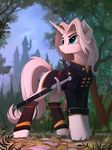  blue_eyes clothed clothing detailed_background equine eyebrows fan_character feral fur hair hooves horn male mammal melee_weapon my_little_pony smile solo standing sword unicorn weapon white_fur white_hair yakovlev-vad 