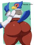 2024 anthro avian big_butt biped bird butt clothed clothing digital_media_(artwork) falco_lombardi falcon falconid hi_res huge_butt ll-ss looking_back male nintendo rear_view simple_background smile solo star_fox thick_thighs wide_hips