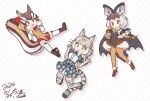  3girls animal_ears bat_ears bat_girl bat_wings belt boots brown_eyes brown_hair brown_long-eared_bat_(kemono_friends) camouflage cat_ears cat_girl cat_tail chipmunk_ears chipmunk_girl elbow_gloves extra_ears fingerless_gloves gloves grey_hair highres jacket jungle_cat_(kemono_friends) kemono_friends kemono_friends_3 kemono_friends_v_project kitsunetsuki_itsuki leotard long_hair microphone multiple_girls pantyhose ribbon shirt short_hair shorts siberian_chipmunk_(kemono_friends) simple_background skirt tail thighhighs twintails vest virtual_youtuber wings yellow_eyes 