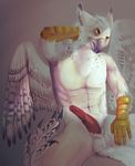  2017 abs anthro avian balls beak black_eyes black_feathers black_stripes digital_media_(artwork) eraea erection feathers front_view glans gryphon hi_res jeanwoof male nude orange_sclera penis red_penis sitting solo spread_legs spreading stripes tapering_penis white_feathers 