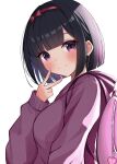  1girl absurdres backpack bag black_hair blunt_ends blush bow_hairband breasts commission fingernails hairband highres hood hoodie long_sleeves looking_at_viewer medium_breasts nenne_(sleeping) original pixiv_commission purple_bag purple_hoodie short_hair sitting smile solo upper_body v white_background 