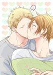  2boys 961_masashi blanket blonde_hair blue_sweater closed_eyes ear_piercing given hair_between_eyes heart heart_background kaji_akihiko kiss kiss_from_behind male_focus multiple_boys nakayama_haruki piercing sound_effects speech_bubble sweatdrop sweater upper_body white_background yaoi 