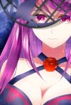  1girl bare_shoulders breasts cleavage close-up dress expressionless fascinator fire_emblem fire_emblem_engage flower gloves hair_ornament highres ivy_(fire_emblem) large_breasts long_hair looking_at_viewer portrait purple_eyes purple_hair rose see-through_headwear solo very_long_hair ykhay22 