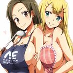  apron blonde_hair blush breasts brown_eyes brown_hair cleavage collarbone earrings frilled_apron frills green_hair gundam gundam_00 hair_ornament hairclip heart jewelry kinue_crossroad ladle large_breasts licking_lips locked_arms long_hair louise_halevy multiple_girls naked_apron runaru sideboob stud_earrings tongue tongue_out 