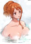  1girl aosora2823 artist_name bath bathing blush breasts brown_eyes collarbone commentary_request completely_nude highres large_breasts looking_to_the_side medium_hair nami_(one_piece) nude one_piece open_mouth orange_hair shoulder_tattoo solo tattoo upper_body wet 