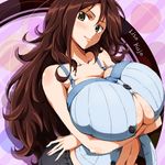  alternate_breast_size breast_hold breasts brown_eyes brown_hair bursting_breasts character_name cleavage crossed_arms gundam gundam_00 huge_breasts long_hair navel parted_lips runaru smile solo sumeragi_lee_noriega unbuttoned unbuttoned_shirt wavy_hair 