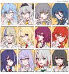  0214x0826 6+girls acheron_(honkai:_star_rail) bell black_hair black_swan_(honkai:_star_rail) blonde_hair blue_eyes blue_hair bubble_blowing choker cocolia_rand collarbone collared_shirt double_v finger_to_cheek firefly_(honkai:_star_rail) green_necktie grey_hair hair_between_eyes heart heart_hands highres himeko_(honkai:_star_rail) honkai:_star_rail honkai_(series) kafka_(honkai:_star_rail) long_hair looking_at_viewer multicolored_hair multiple_girls natasha_(honkai:_star_rail) neck_bell necktie pink_eyes purple_eyes purple_hair red_choker red_eyes red_hair red_necktie robin_(honkai:_star_rail) school_uniform serval_landau shirt short_hair sidelocks sparkle_(honkai:_star_rail) stelle_(honkai:_star_rail) streaked_hair topaz_(honkai:_star_rail) trailblazer_(honkai:_star_rail) v v_over_mouth white_background white_shirt yellow_eyes yellow_necktie 