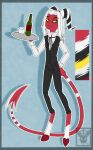 alcohol anthro beverage butler clothing hair hooves horn imp long_hair long_sleeve_shirt male necktie red_body red_skin robespierre_(rakakuza) sinnamon-bun slim solo topwear tray vest white_hair yellow_eyes