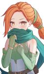  1girl bare_shoulders blue_scarf blush cath_(fire_emblem) covering_own_mouth dress elbow_gloves fingerless_gloves fire_emblem fire_emblem:_the_binding_blade gloves green_dress green_gloves highres long_hair looking_at_viewer melenas_(twdy2773) orange_eyes orange_hair scarf solo upper_body 