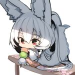  1girl absurdly_long_hair animal_ear_fluff animal_ears barefoot chibi commentary_request dango eating food fox_ears fox_girl fox_tail grey_hair hair_between_eyes holding holding_food japanese_clothes kimono long_hair long_sleeves original ponytail red_eyes sanshoku_dango simple_background sitting solo tail very_long_hair wagashi white_background white_kimono wide_sleeves yuuji_(yukimimi) 