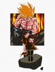  1boy abs arm_on_knee battle_damage blonde_hair blood blood_on_arm blood_on_chest blood_on_face blood_on_leg blue_sash blue_wristband boots border closed_mouth dragon_ball dragon_ball_z fire green_eyes hand_on_own_hip highres injury lava looking_at_viewer muscular muscular_male official_style oharu2000 orange_pants pants pectorals rock rubble sash serious solo son_goku spiked_hair standing super_saiyan super_saiyan_1 topless_male toriyama_akira_(style) torn_clothes white_border wind wind_lift wristband 