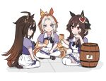  3girls ahoge animal_ears artoria_pendragon_(fate) barrel black_bow bow bowtie brown_footwear brown_hair carrot_juice carrot_print chalice commentary cup duramente_(umamusume) ear_covers ear_ornament fate/zero fate_(series) food_print gentildonna_(umamusume) gilgamesh_(fate) hair_bow hair_intakes hair_ornament hayabusa heart heart_hair_ornament holding holding_cup horse_ears horse_girl horse_tail indian_style iskandar_(fate) jug_(bottle) juice light_brown_hair loafers long_hair multicolored_hair multiple_girls on_floor orange_hair orfevre_(umamusume) puffy_short_sleeves puffy_sleeves purple_bow purple_bowtie purple_eyes purple_shirt red_eyes saber_(fate) sailor_collar sailor_shirt scene_reference school_uniform seiza shirt shoes short_sleeves single_ear_cover sitting sketch skirt summer_uniform tail thighhighs tile_floor tiles tracen_school_uniform trait_connection two-tone_hair umamusume very_long_hair wavy_hair white_skirt white_thighhighs yokozuwari 