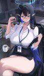  1girl ass black_hair black_skirt blue_archive blue_eyes blue_hair blue_halo blue_necktie blush breasts chair character_name coffee collared_shirt colored_inner_hair crossed_legs cup feet_out_of_frame giga-tera glasses halo highres holding holding_pen indoors large_breasts long_hair long_sleeves looking_at_viewer multicolored_hair necktie official_art_inset open_mouth pen pencil_skirt pointy_ears rin_(blue_archive) shirt sitting skirt solo sticky_note thighs white_shirt 