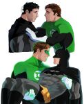  2boys absurdres bara batman_(series) black_bodysuit black_gloves black_hair blush bodysuit brown_hair carrying carrying_person couple dc_comics domino_mask facial_hair gloves green_bodysuit green_lantern green_lantern_(series) grey_bodysuit hal_jordan haljordanmylove highres jewelry large_pectorals looking_at_another male_focus mask multiple_boys muscular muscular_male open_mouth pectorals ring short_hair simple_background smile superhero two-tone_bodysuit white_background white_gloves yaoi 