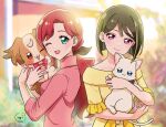  2girls :3 ;d animal black_bow blue_eyes bob_cut bow brown_hair cat closed_mouth collarbone dog dot_nose fingernails green_eyes hair_bow highres holding holding_animal holding_cat holding_dog inukai_komugi inukai_komugi_(dog) inukai_youko long_hair looking_at_viewer low_ponytail mature_female moro_precure multiple_girls nekoyashiki_sumire nekoyashiki_yuki nekoyashiki_yuki_(cat) one_eye_closed open_mouth papillon_(dog) pink_bow pink_eyes pink_nails pink_shirt precure red_hair shirt short_hair signature smile twitter_username white_cat wonderful_precure! yellow_shirt 