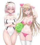  2girls arm_up armpits ass_visible_through_thighs ball bare_shoulders beachball bikini blonde_hair blue_eyes bracelet breast_hold breasts cleavage closed_mouth collarbone competition_swimsuit covered_navel covered_nipples cowboy_shot embarrassed flower hair_flower hair_ornament hairband hairclip heart heart-shaped_pupils highleg highleg_swimsuit highres holding jaeyun jewelry large_breasts long_hair looking_at_viewer medium_breasts multi-strapped_bikini_top multiple_girls navel one-piece_swimsuit one_side_up open_mouth original pink_bikini pink_eyes scrunchie shading_eyes short_hair side-tie_bikini_bottom simple_background skindentation smile stomach strap_gap string_bikini swimsuit symbol-shaped_pupils thigh_gap thighhighs thighs very_long_hair white_background white_hair white_one-piece_swimsuit white_thighhighs wrist_scrunchie 
