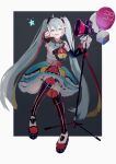  1girl aqua_eyes aqua_hair balloon bow full_body hatsune_miku highres holding holding_microphone_stand long_hair loser_gesture megaphone microphone_stand open_mouth potetoneko shoes skirt smile solo teeth twintails upper_teeth_only vocaloid 