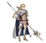  armor boots braid cape fire_emblem fire_emblem_heroes full_body gloves green_eyes highres kozaki_yuusuke long_hair looking_at_viewer low_ponytail official_art polearm sharena smile solo spear thigh_boots thighhighs transparent_background weapon zettai_ryouiki 